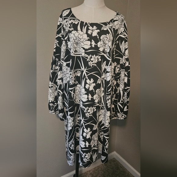 NWT Bryn Walker Floral Print Round Neck Long Sleeve Lantern Dress:Black/White:XL - Picture 2 of 16